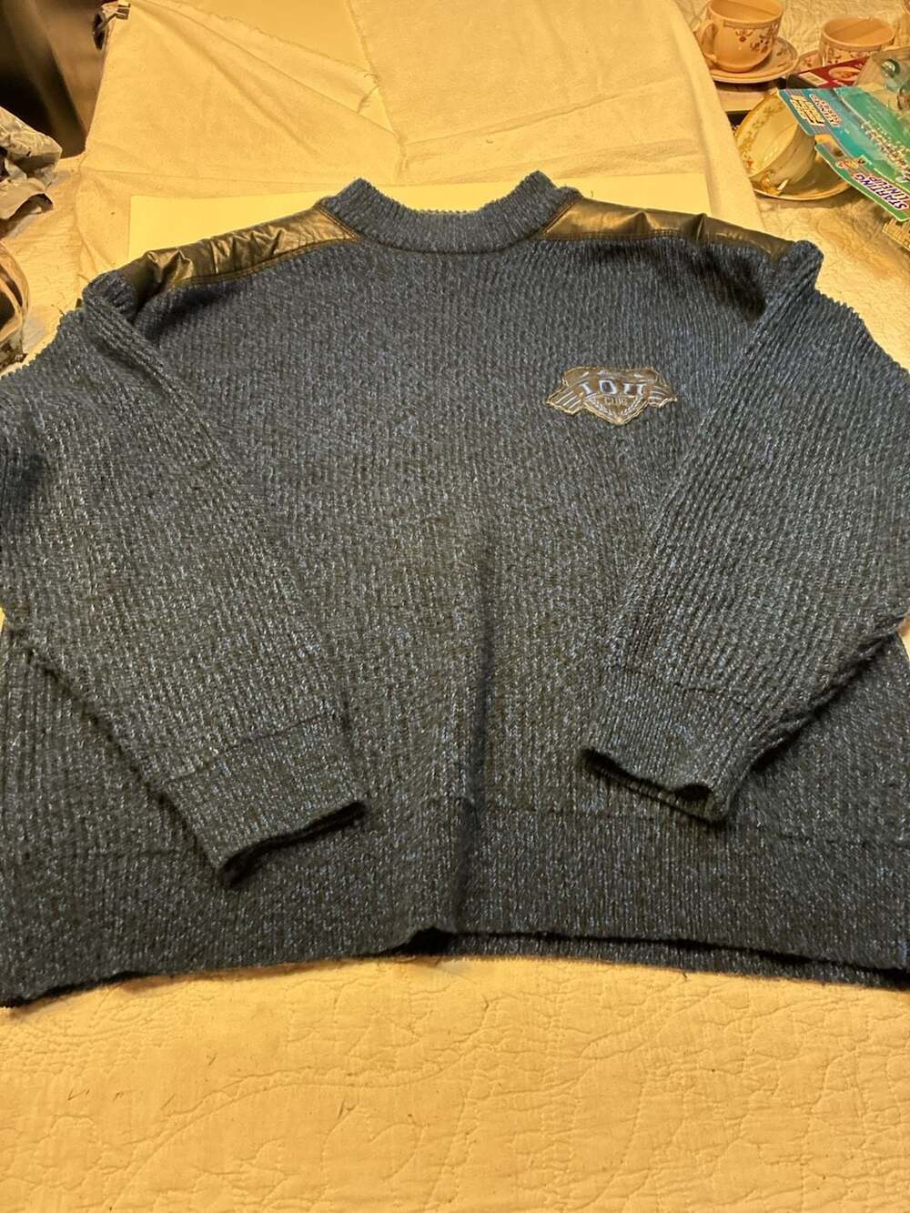 Vintage I.O.U. Club Blue Knit Sweater With Faux Leather Trim XL
